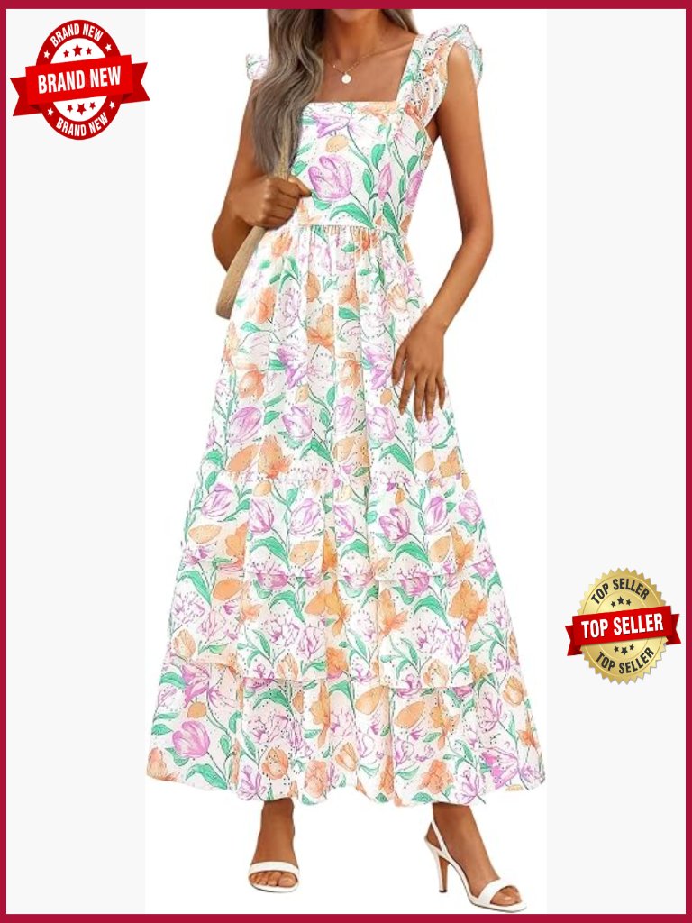 Sleeveless Floral Maxi Dress Square Neck Smocked Back Pockets